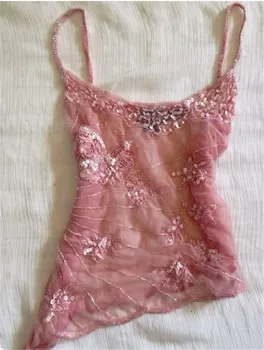 Hirigin Sexy Hot Girl Summer Mesh See Through Sleeveless Tee Shirt Sexy Sequin Slim Fit Irregular Strap Tank Crop Tops Versatile 1
