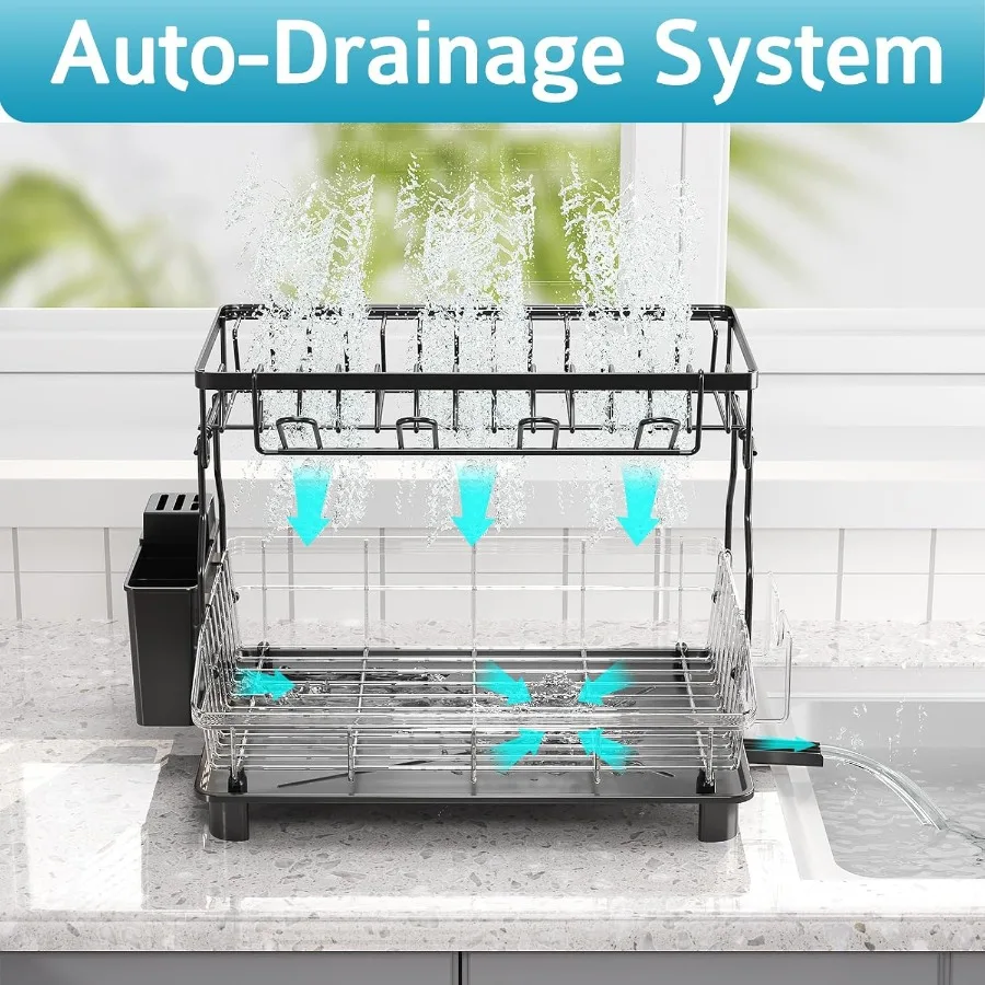 Dish Drying Rack 2 Tier Large Capacity Dish Rack Dish Racks for Kitchen Counter with Drainboard Rustproof Dish Drainer with Rem