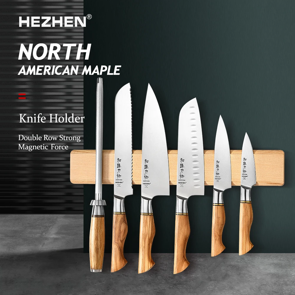 HEZHEN 마그네틱 스트립 나이프 홀더, 더블 로우 마그네틱, 북아메리카 메이플 흡입 펌, 주방 액세서리 도구 보관