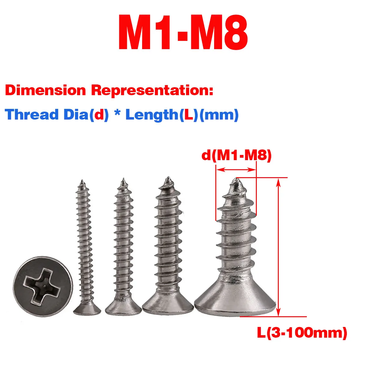 

304 Stainless Steel Countersunk Flat Head Tapping Screw Extended Cross Tapping Screw M1M2M4M5M6M8