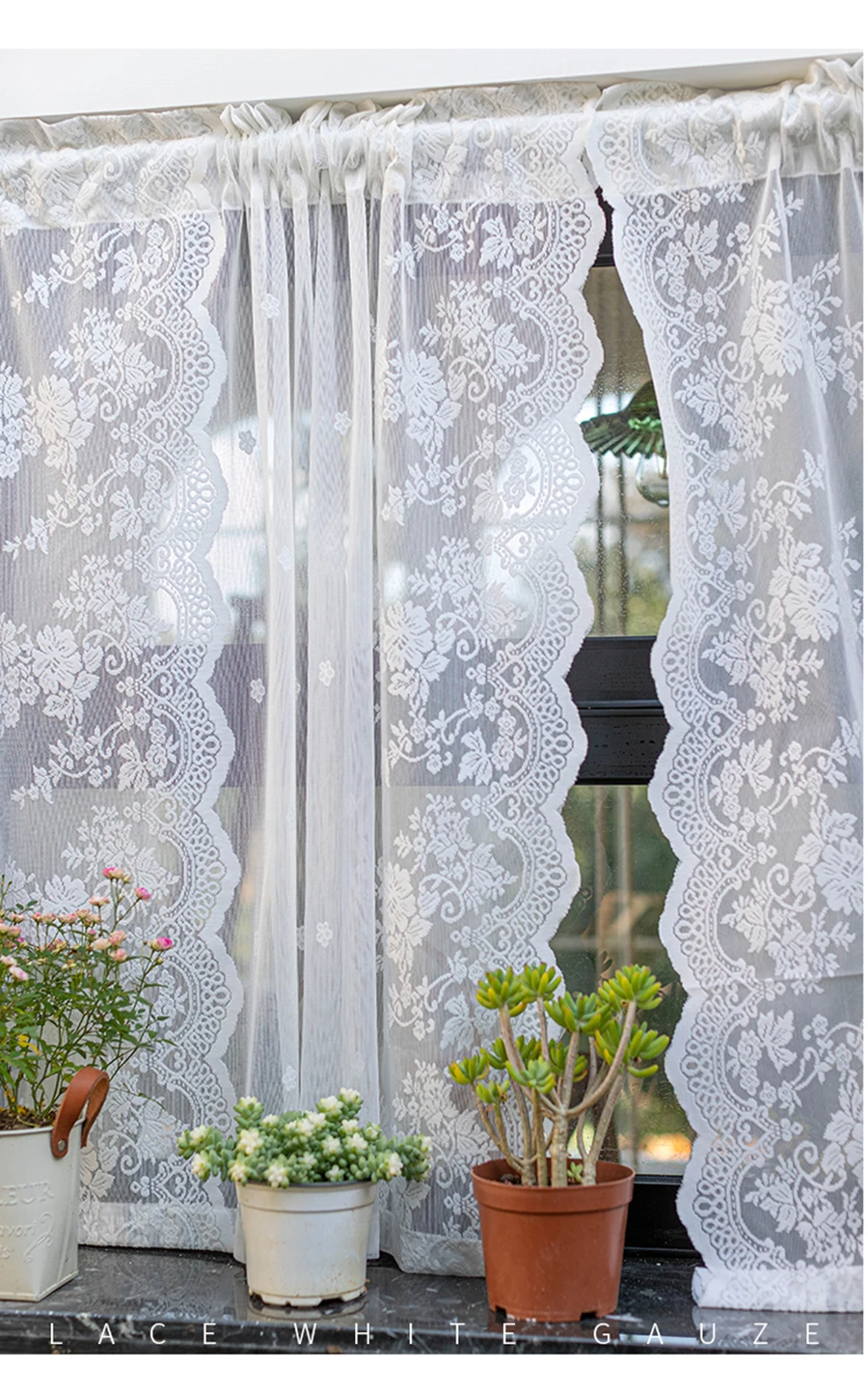 Description Picture 6 of itemWhite Lacework Wave Half Curtains for Living Room Multipurpose Partition Short Sheer for Valance Kitchen Door Window Drapes