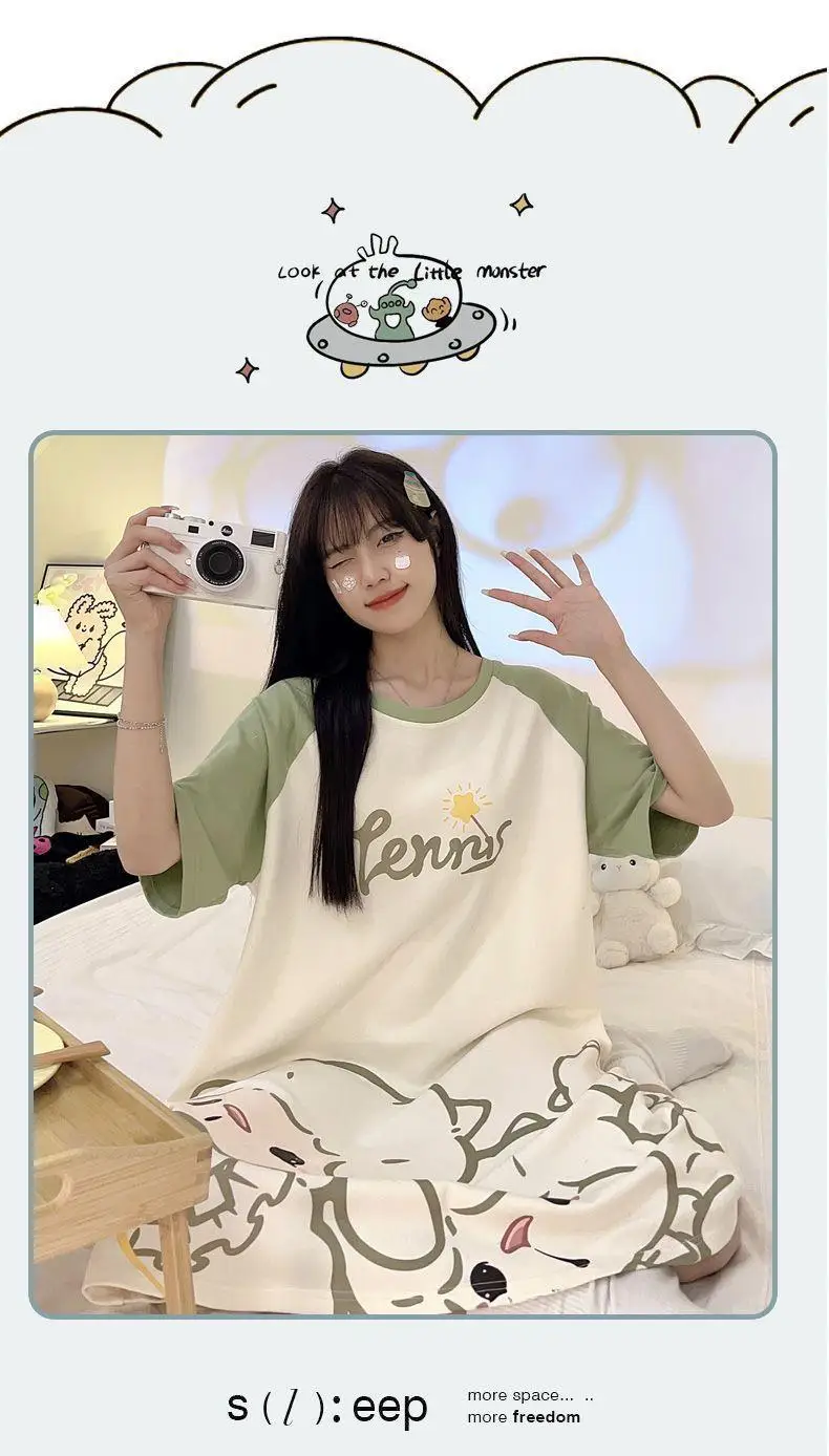 Women Pajamas Dress Round Neck Easy to Clean Large Size Can Be Worn Outside Student Homewear Medium Long Trousers Short Sleeve