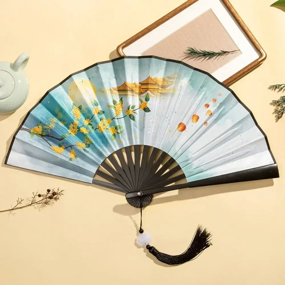 Elegant Silk Vintage Folding Fan with Colorful Tassel - Bamboo Hand Fan for Classical Dance and Home Decor