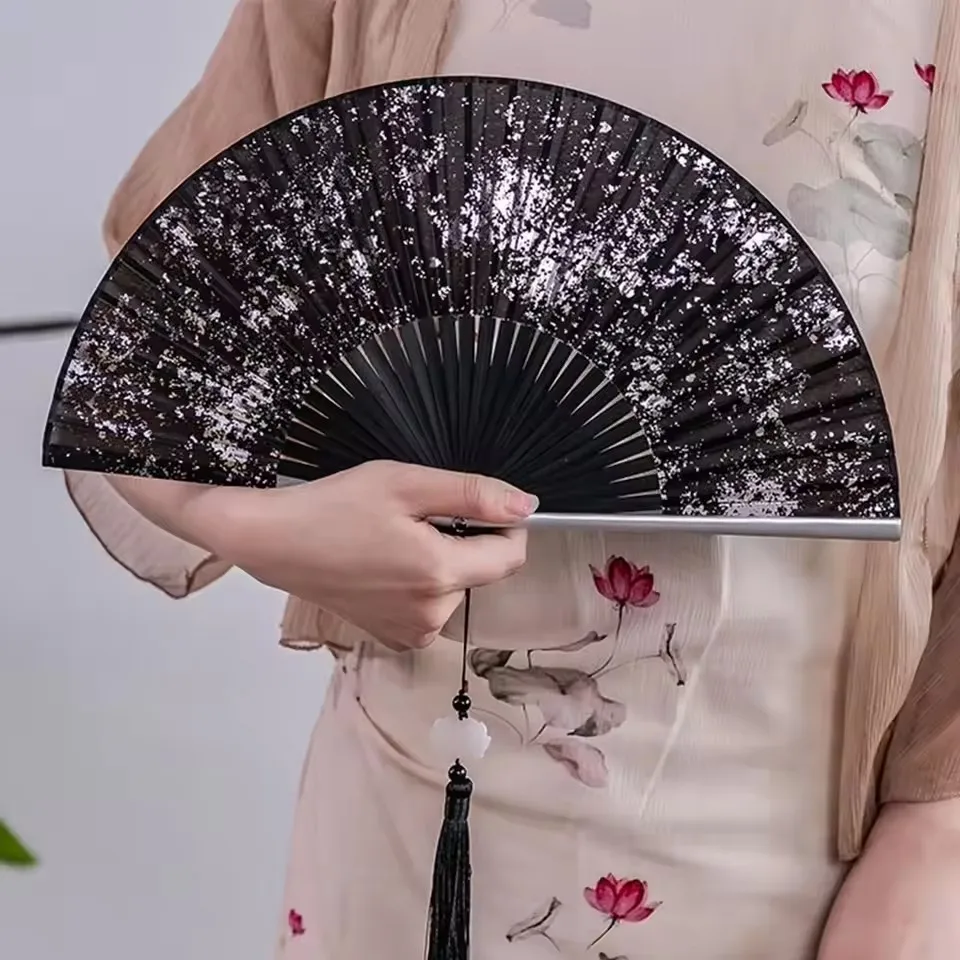 Black And Gold Folding fan Silk Fabric Graft Fan Baking Gold Stamping Fan Classical Hand Fans Weddings Chinese Luxury