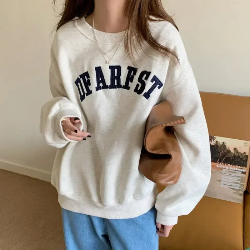 Autumn Kpop Letter Hoodies Women Fashion Korean Thin Chic O Neck Sweatshirts Y2k Streetwear Casual Loose Embroidered Tops