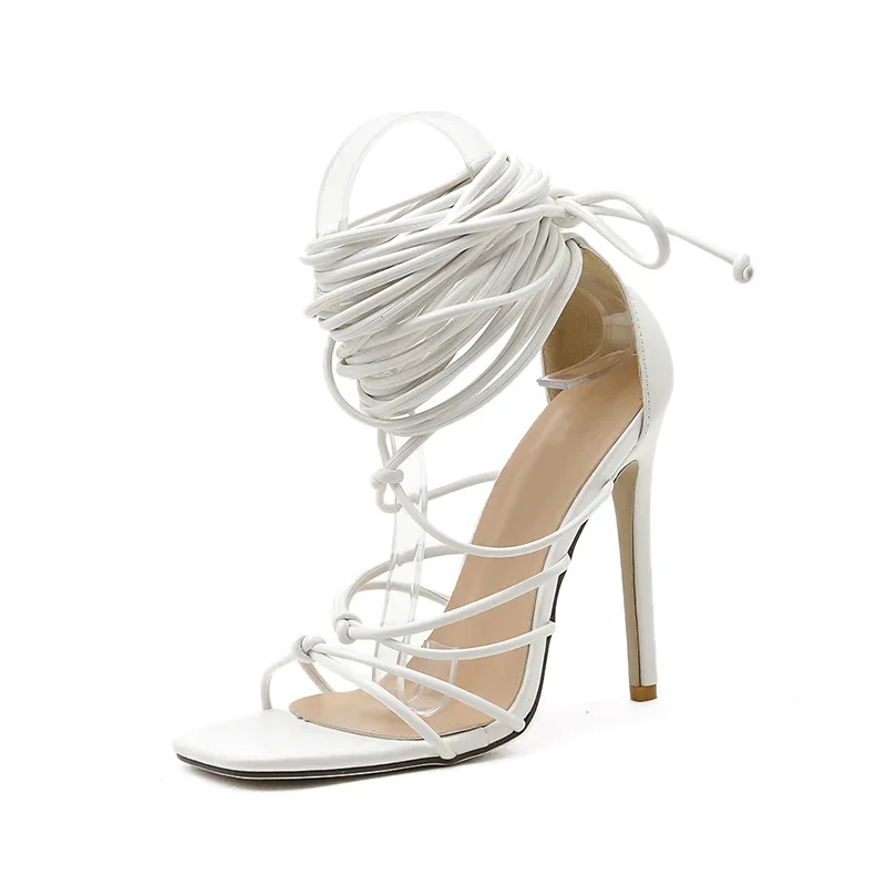 Women High Heels Open-toe Gladiator Sandals Cross-lace Lace-up Roman Hollow Shoes