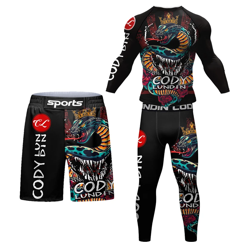 Sports apparel Mens T-shirt + Pant Set Muay Thai Shorts Suit Bjj Rashguard For Men Adults Gym Competition Sport Training Combat Wear