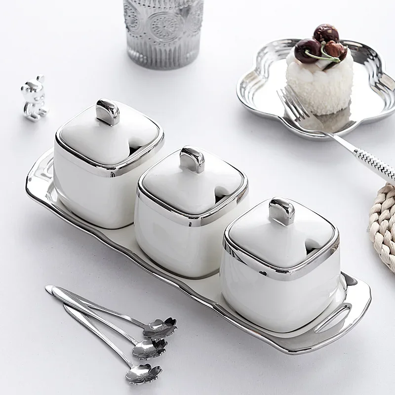Nordic Light Monosodium Glutamate Seasoning Box Ceramic Kitchen Supplies Household Seasoning Pot with Lid Combination Set