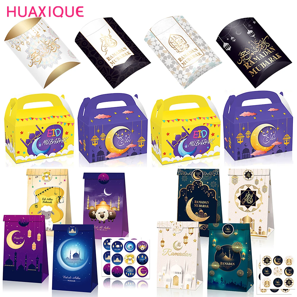 12pcs Eid Mubarak Gift Bags with Stickers Cookie Candy Packaging Box