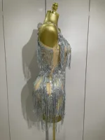 Sparkly Rhinestone Tassels Sexy Mesh Mini Dress 2025 Women Evening Birthday Party Dresses Nightclub Performance Stage Costume - Image 4