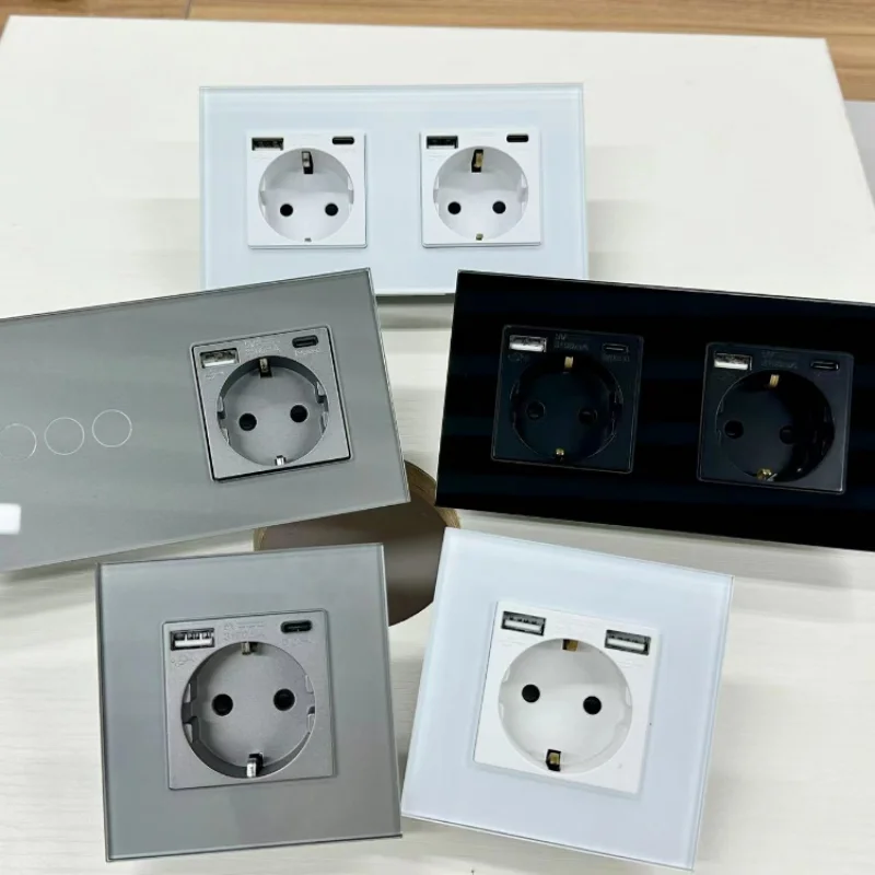 EU 표준 USB 소켓, C타입 고속 충전 크리스탈 유리 프레임, 이중 전기 콘센트, 트리플 월 소켓, Bingoelec, 20W