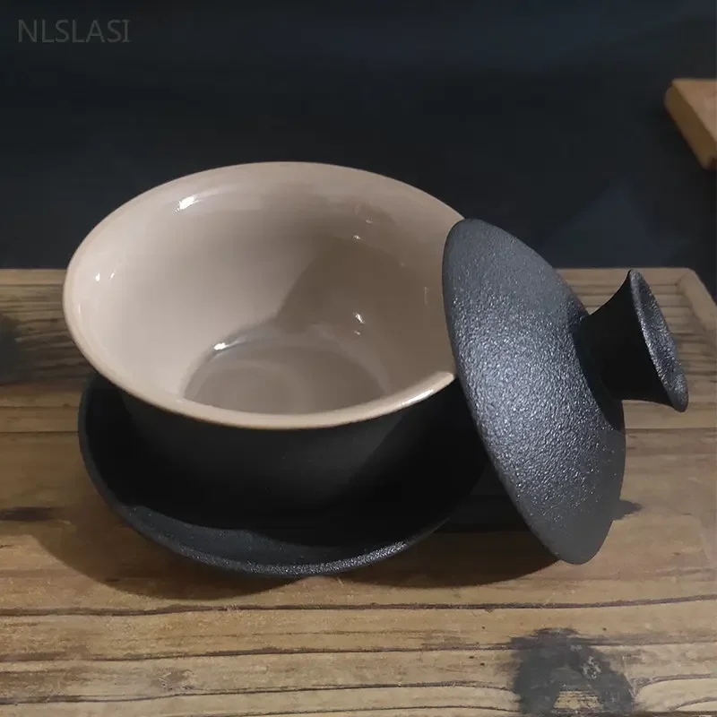 150ml Black Ceramics Gaiwan Teacup Household Handmade Tea Cups with Lid Customize Porcelain Teaware Portable Tea Infuser