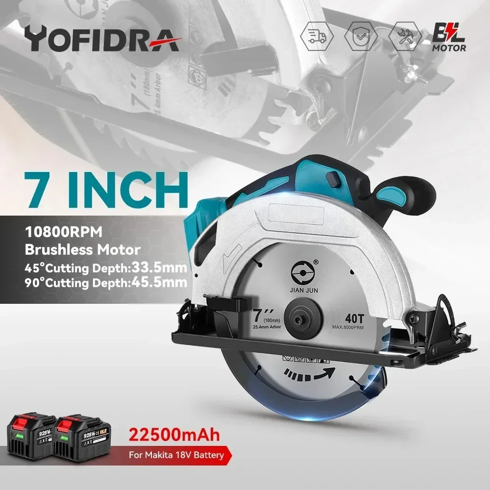 7Inch Brushless Electric Circular Saw 180mm Cordless Adjustable Angle Cutting Power Tool Fit For 21V 18V Battery Pins electric saw electric circular saw