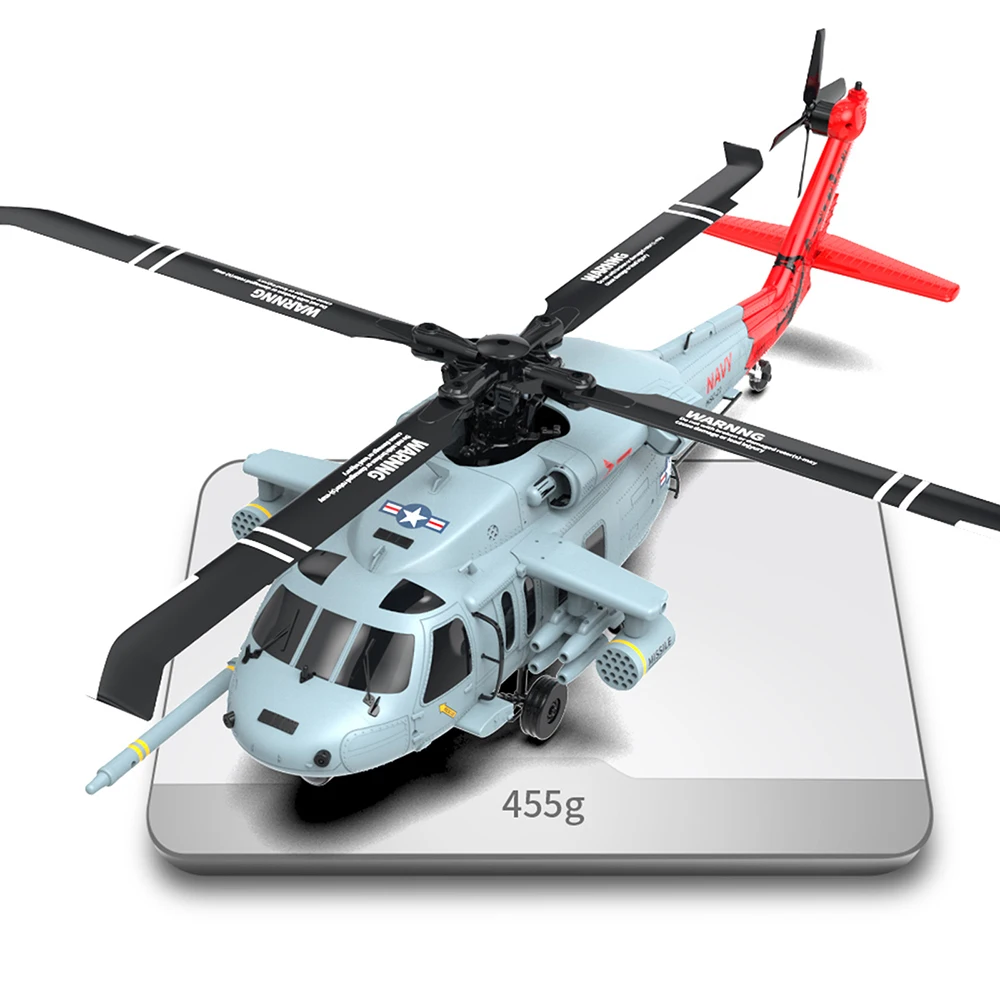 Hélicoptère RC YXZNRC F09-H SH60 Black Hawk 1:47 en vol, montrant le système FPV et la caméra embarquée.