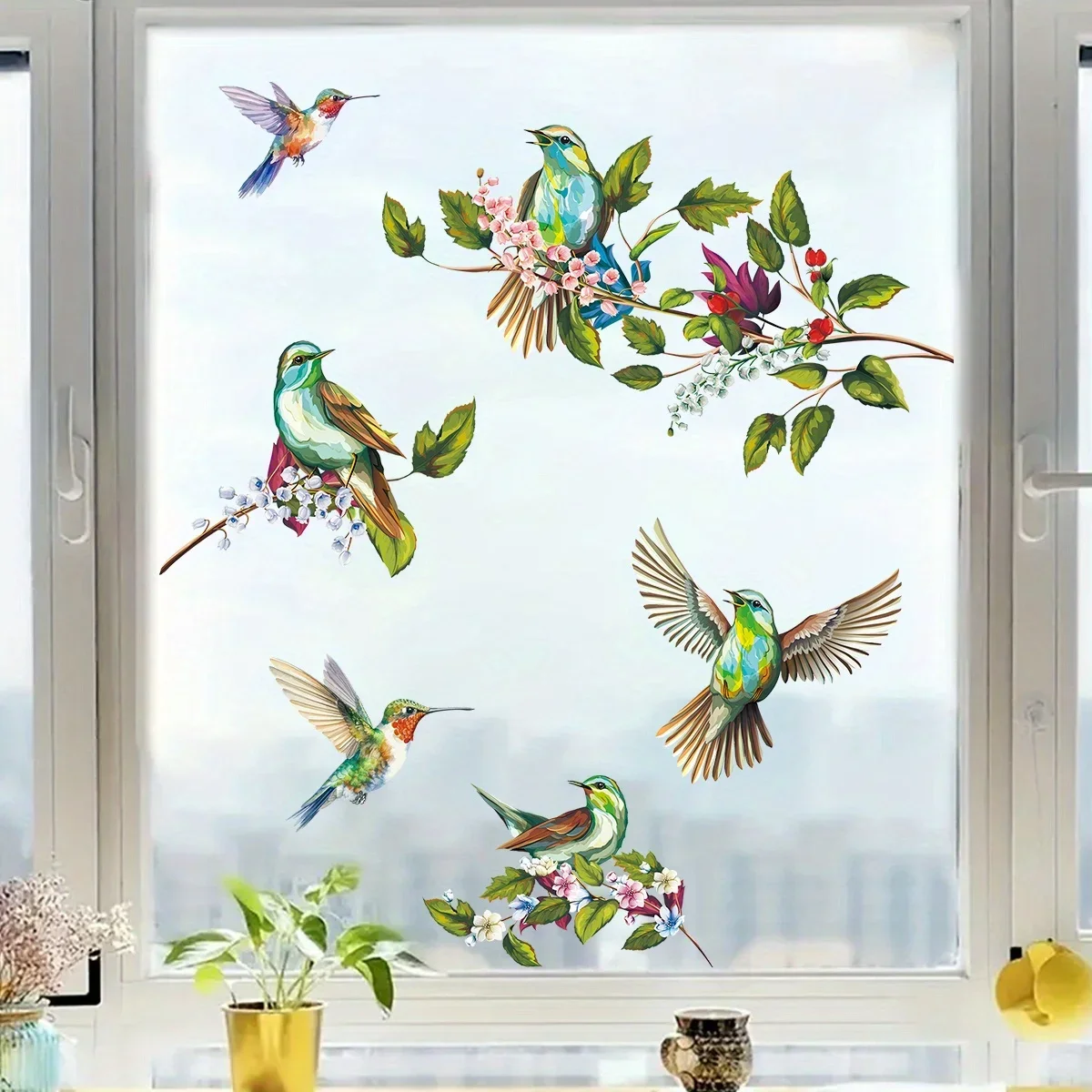 1Pc Watercolor Simulation Bird Branches Window Stickers Removable for Bedroom Living Room Decor Foyer Home Wall Decal