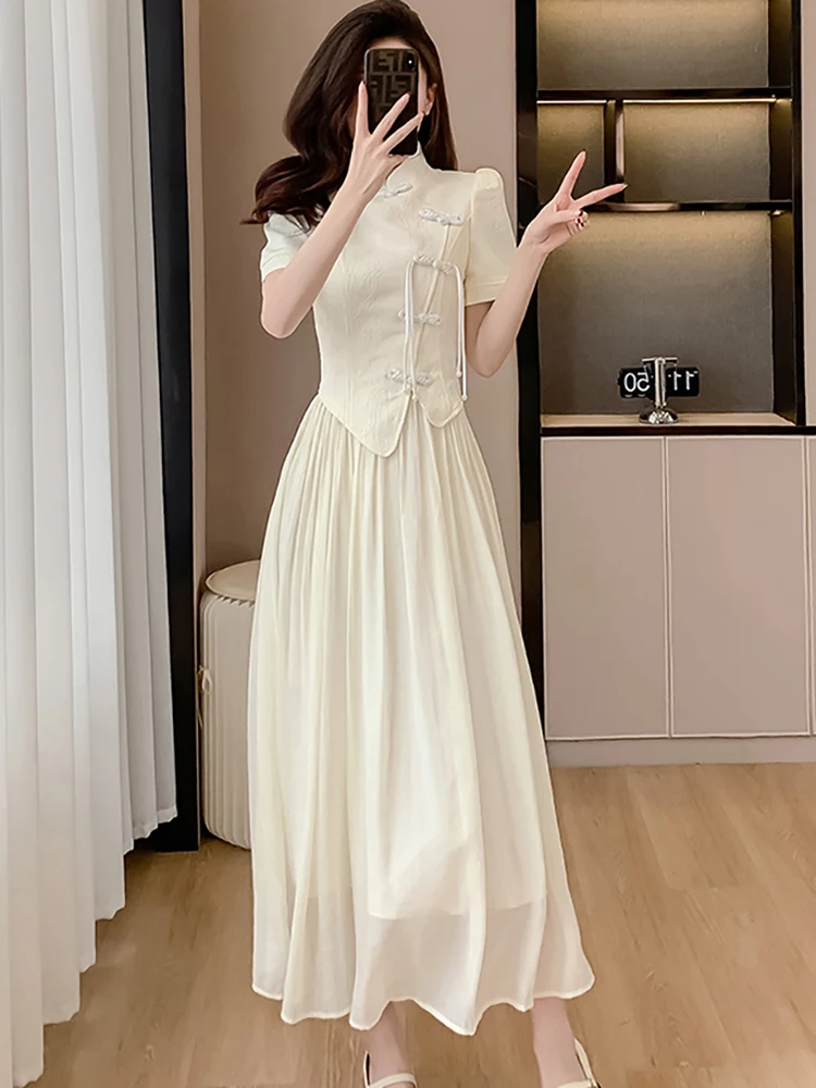 

Women Chic Jacqaurd Patchwork Fake Two Piece Dress Summer Short Sleeve Bodycon Ruffled Long Dress 2024 Korean Elegant Prom Dress