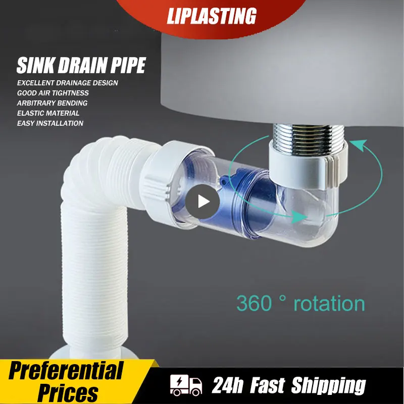 

1/2PCS ABS Drain Hose Washbasin Corrugated Curved Pipe Bathroom Expandable Rotate Drain Tube Kitchen Sink Anti-blocking Sewer