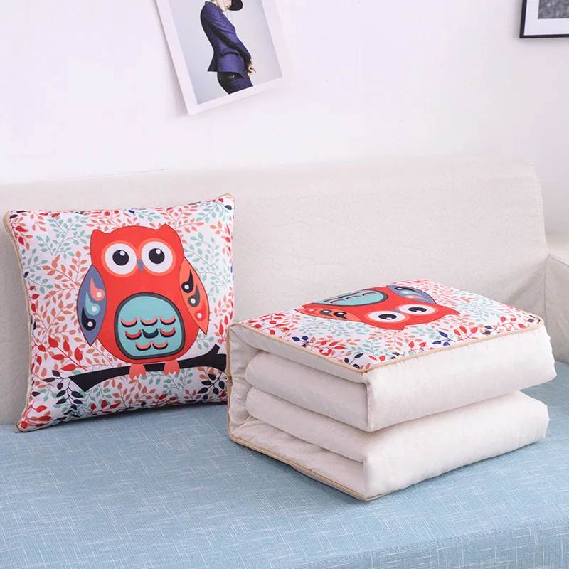 2 In 1 Pillow Travel Quilt Blanket Cartoon Thick Throw Pillow Portable Foldable Air Conditioner Cushion Blanket Car Sofa Office