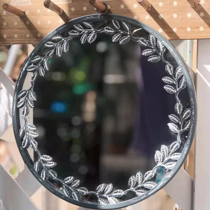 

Unique Leaf Edge Vintage Retro Handcrafted Iron Framed Round Wall Decor Mirror