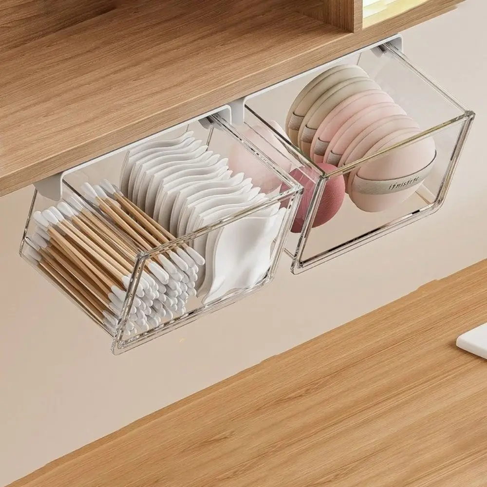 Plastic Drawer Style Storage Box Self Adhesive Large Capacity Under Desk Drawer Organizer Space Saving Transparent