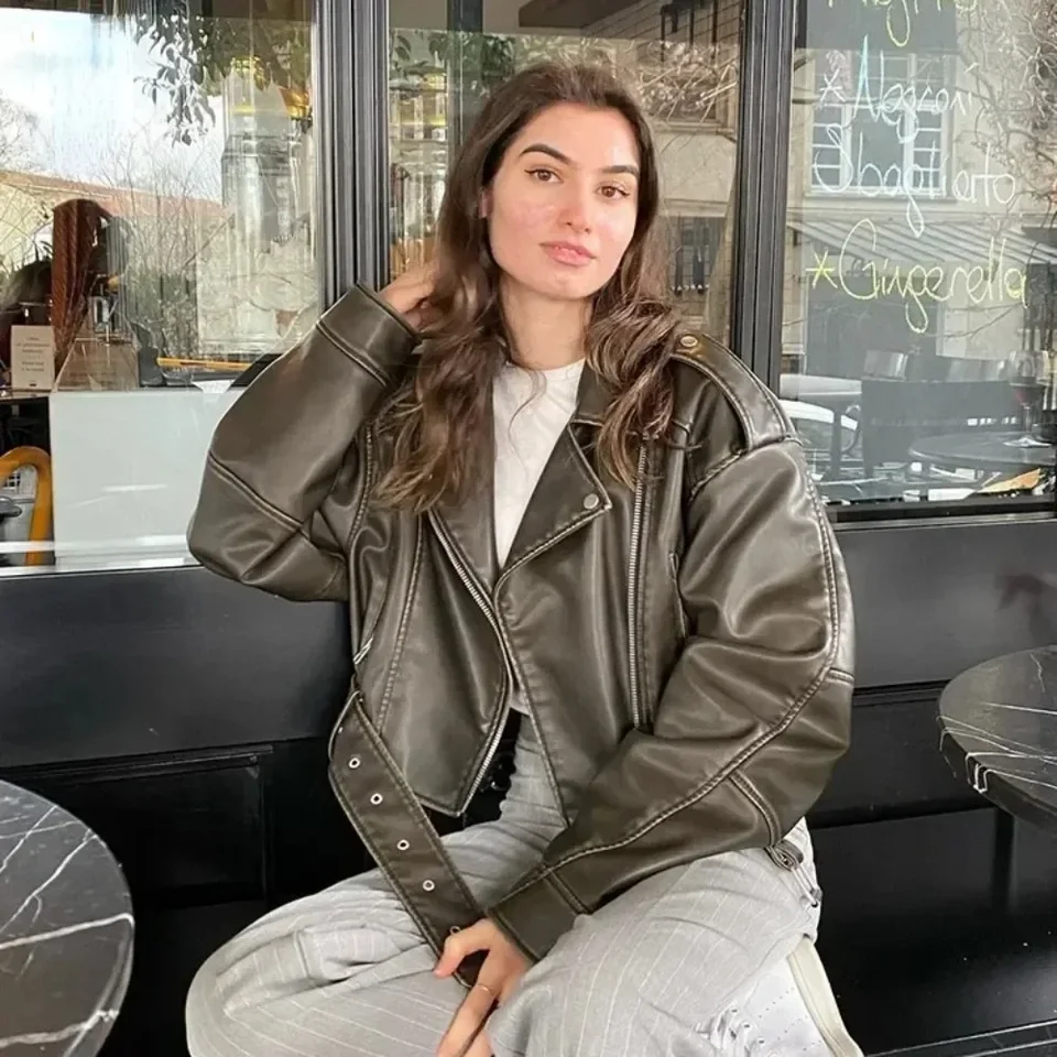 New Short Faux Leather Jacket 2024 Women Vintage Loose Pu with