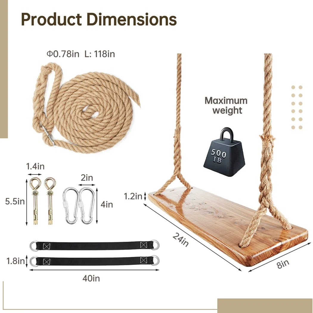 Wooden Tree Swing 500lbs Load Capacity Adjustable Height Waterproof Hanging Seat For Adults Kids Outdoor