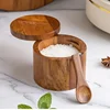 Solid Wood Seasoning Box Kitchen Salt Spices 2 Compartments Storage Container with Magnetic Rotating Lid Kitchen Gadgets 1