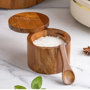 Solid Wood Seasoning Box Kitchen Salt Spices 2 Compartments Storage Container with Magnetic Rotating Lid Kitchen Gadgets 1