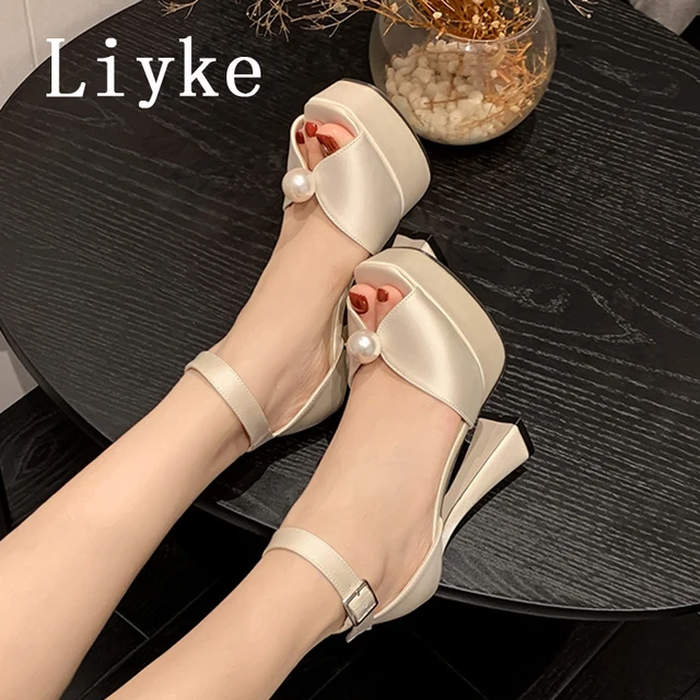 Liyke Sexy 13.5CM Super High Heels Platform Sandals Women Summer Fashion White Pearl Peep Toe Wedding Banquet Shoe Zapatos Mujer 1
