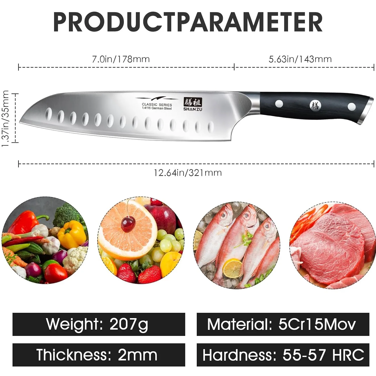 SHAN ZU cuchillo de cocina profesional Santoku, hoja de acero