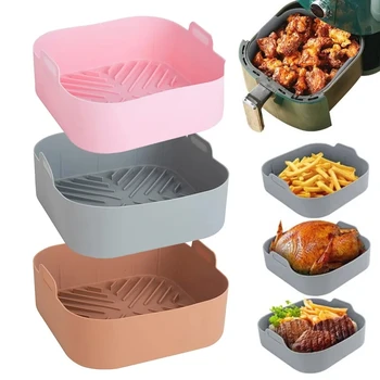 21cm Silicone Air Fryers Oven Baking Tray Pizza Fried Chicken Airfryer Reusable Basket Mat Non-Stick Square Air Fryer Pan
