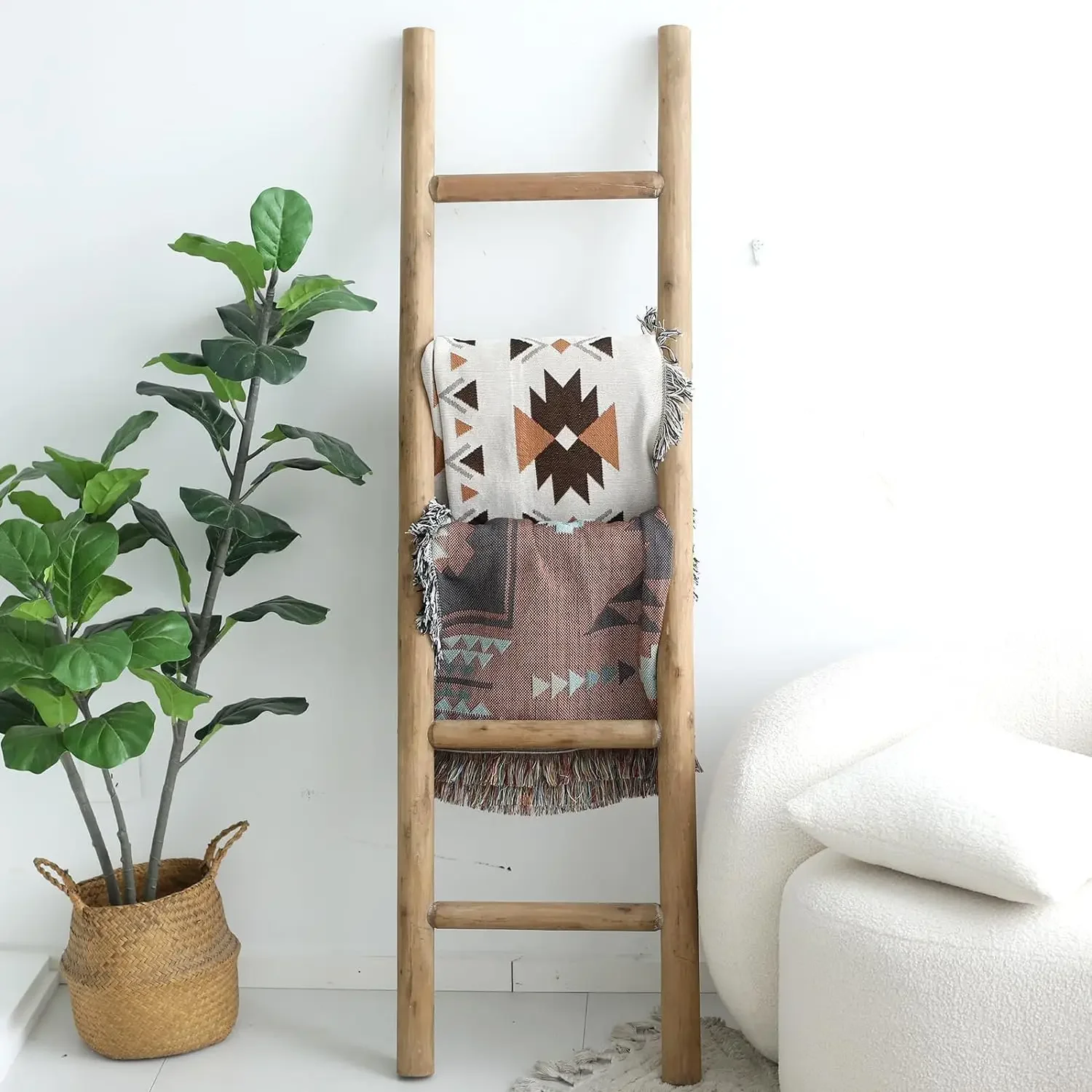 Wood Blanket Ladder Living Room Decorative Wall Leaning Farmhouse Quilt Display Holder Rustic Wooden Towel Rack for Bathroom