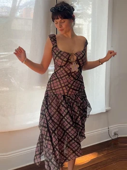 Fashion Women Plaid Irregular Long Dresses Elegant Sleeveless Backless Ruffled Dress 2026 Summer New Female Vestidos High Street 1