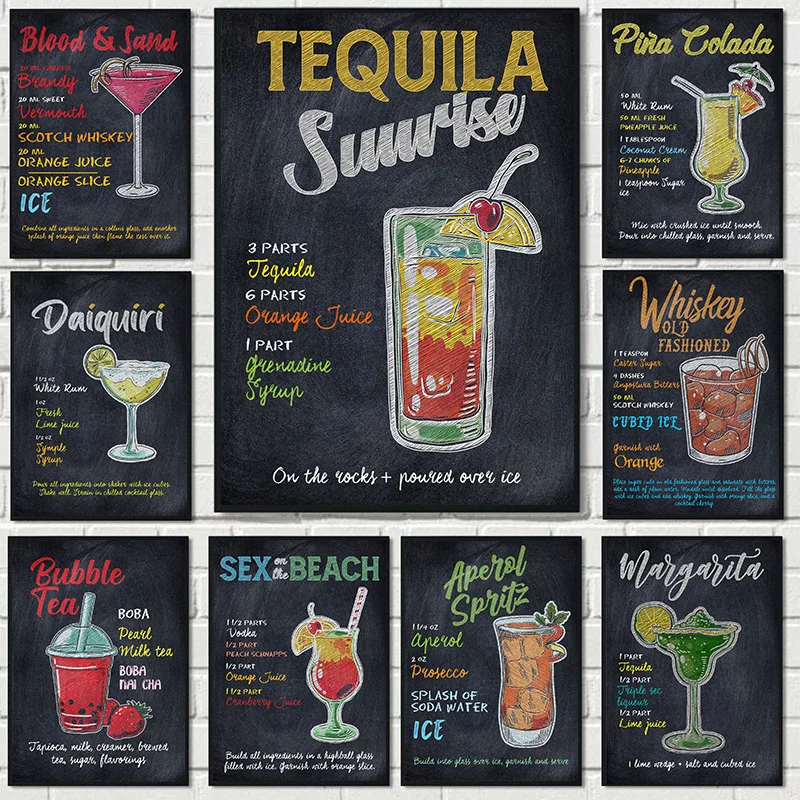 Cocktail Drinks Ingredienti Elenco Lavagna Gesso Lettering Poster Canvas Painting Wall Art Pictures Home Fine Dining Bar Decor