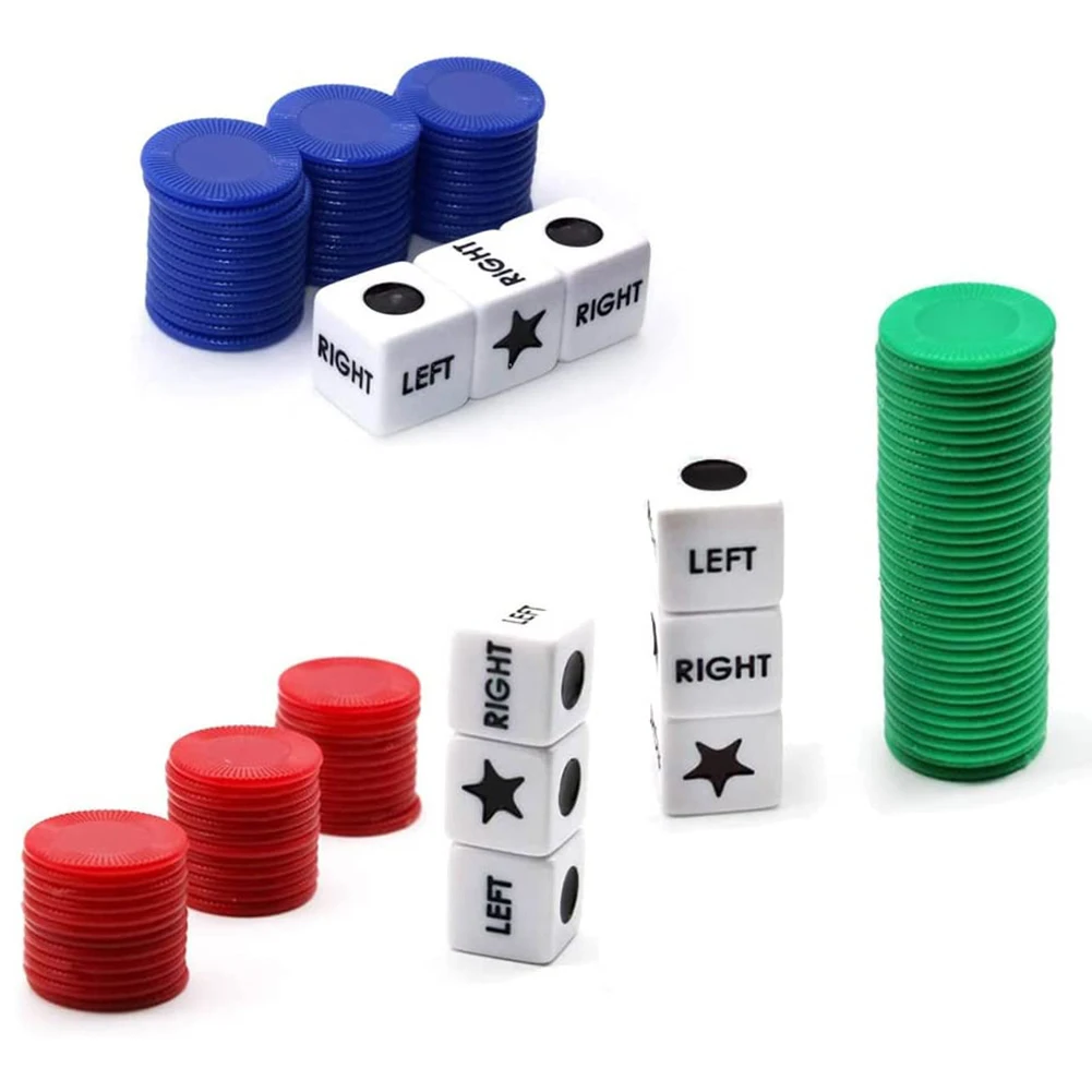 27pcs Left Right Center Dice Game 3 Dices and 24 Chips Fun Interactive Dice Games Portable Novelty Toys for Party Picnic Games