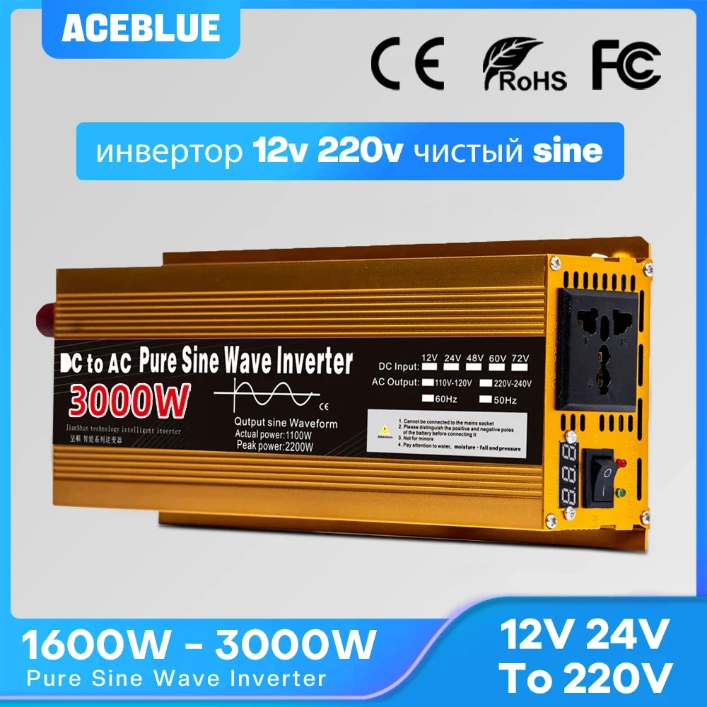 Solar Inverter Inverter 12v 220v Pure Sine Wave 1600W 2200W 3000W DC 12v To AC 220V Portable Power Supply Converter Car Solar