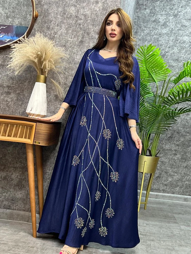 Modest Muslim Dress Abaya Dubai Leaf Diamond Party African Turkey Dresses for Women with Belt Morocco Kaftan Robe India Jalabiya