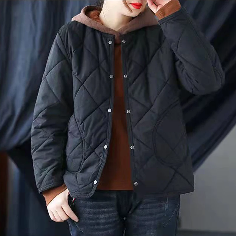 Autumn Winter Vintage Solid Buttons Cotton-padded Coat Women Loose Casual Warm Jacket Female All-match Simple Cardigan Outwear