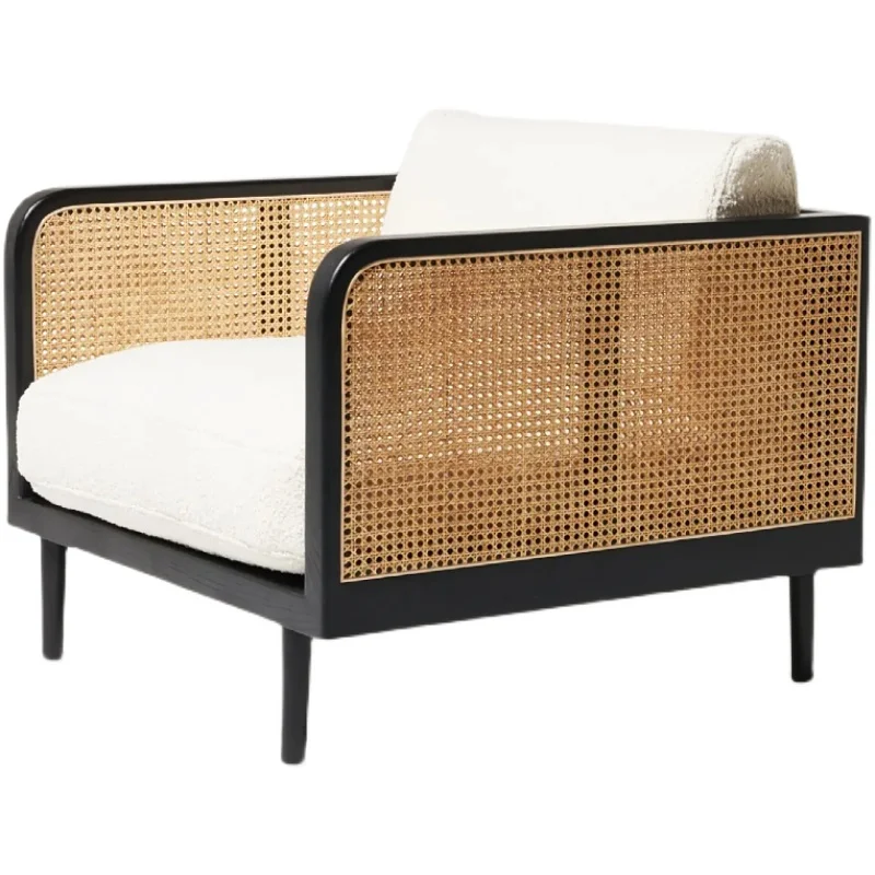 

Solid wood rattan three-person fabric sofa New Chinese living room rattan designer hotel homestay