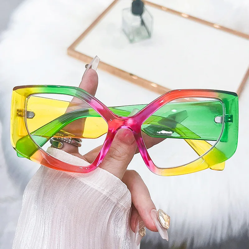 

Rainbow Polygon Cat Eye Flat Mirror Fashion Women's Personalized Color Contrast Anti Blue Light Eye Frame Wholesale Glasses