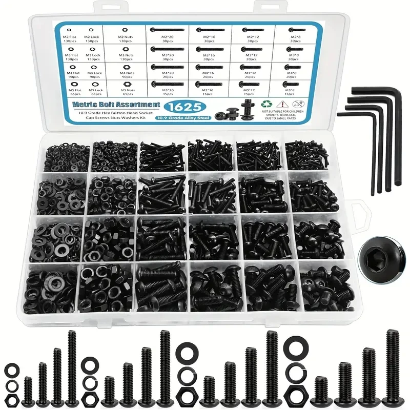 Stainless Steel Screws Screw Bolt Nut Set Screw Washer Nut Kit 1625 M2 M3 M4 M5 Metric Screw Combinations Black 10.9 Grade Alloy Steel and 304 Stainless Steel