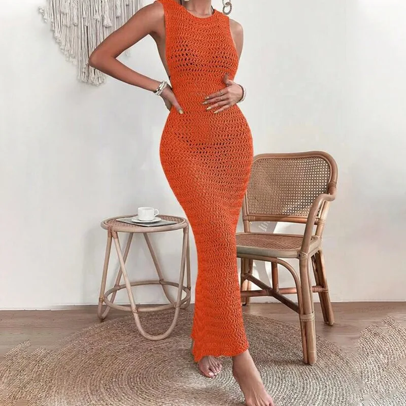 Handmade Slip Bottom Maxi O Neck Hollow Out Two Colors Sheer Beach Cover Up Knitted Crochet Beach Dress 100%