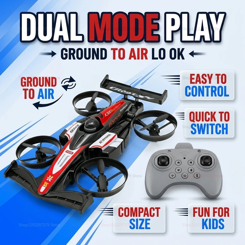 Enfant utilisant la télécommande du Drone Voiture K300MAX 2-en-1, souriant, en extérieur.