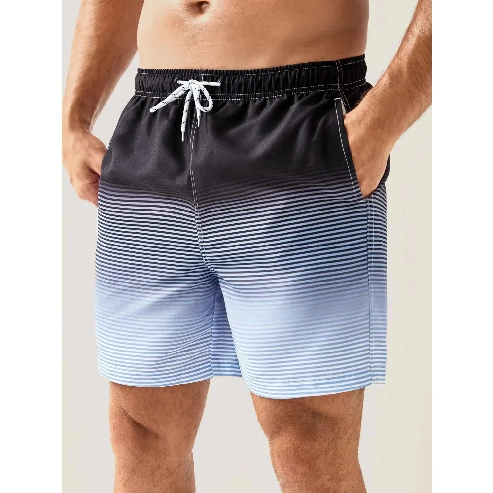 2025 Summer New Hawaii Vacation Beach Shorts Men's Casual Half Pants 3D Printed Striped Gradient Swimming Pants Beach 4