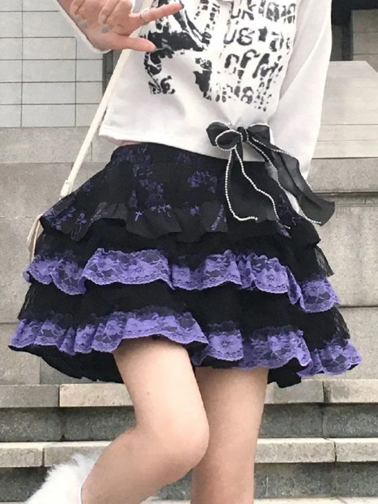 

Y2k Aesthetic Slim High Waist Womens Skirts Lace Crochet Patchwork Ball Gown All Match Fairy Sweet Faldas Preppy Fashion Skirt