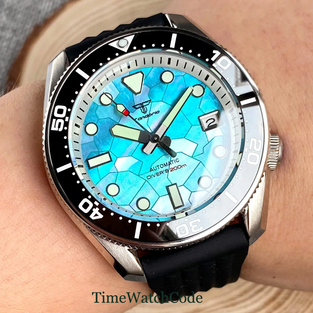 Tandorio Diver Automatic Watch For Men NH35 42.5mm Auto Date Sapphire Crystal Mother of Pearl 200m Water Resistant Chapter Ring woodpecker qc 7ca52w 15 gauge pneumatic semi automatic hog ring gun pedal switch control fixable c ring gun 19mm crown