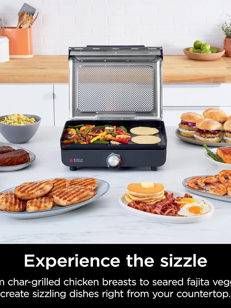 Smokeless Indoor Grill&Griddle,14'' Interchangeable Nonstick Plates,Dishwasher-Safe Removable Mesh Lid,Even Edge-to-Edge Cooking 2