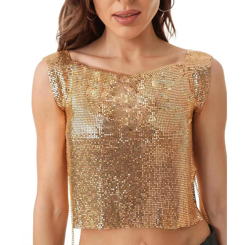 

New Top Metal Sequin T-shirt Sexy Hollow Out Spicy Girl Nightclub Punk Style