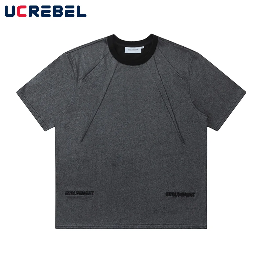 

Pleated Letter Embroidery Short Sleeve T-shirt Mens High Street Crew Neck Loose Cotton Half-Sleeve Tee Men