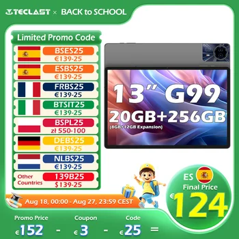 Teclast T65 Max Tablet Android 14 da 13 pollici 8 Core Mediatek Helio G99 (8Gb+12Gb di espansione) Max. Batteria Ram 20Gb 256Gb Rom 10000Mah Dual Sim 4g Lte 1920X1200 Gps Widevine L1 per Netflix 1